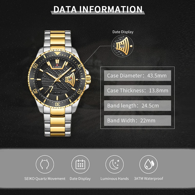 New NAVIFORCE Watches Top Luxury Brand Waterproof Sports Watch Men Gold Quartz Steel Wristwatches Male Clock Relogio Masculino