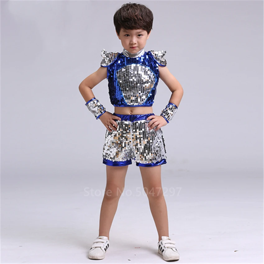 Children Jazz Dance Costume Hip-hop Sequins Dress 2Pcs for Baby Girls Ballroom Dance Competition Dresses Boy Kid Top Set Clothes