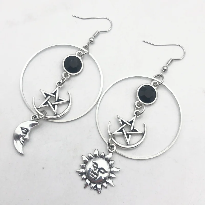 Crescent Goddess Black Birthstone Earrings and Pentagram Witch Moon Earrings Gothic Celestial Jewelry-Sun Jewelry