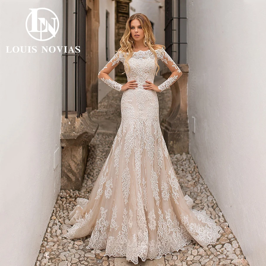 LOUIS NOVIAS gaun pernikahan putri duyung kereta dilepas Modern dengan jaket lengan panjang applique gaun pernikahan Vestidos De Novia