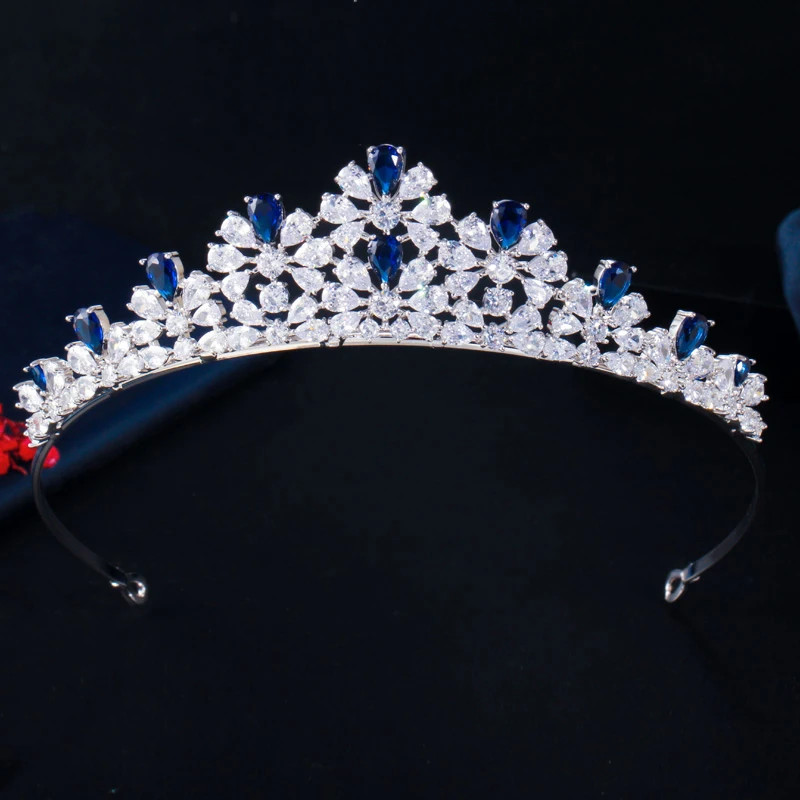 CWWZircons Royal Blue Cubic Zirconia Big Cluster Flower Queen Crown Tiara Bridal Wedding Headwear Hair Accessories Jewelry A027