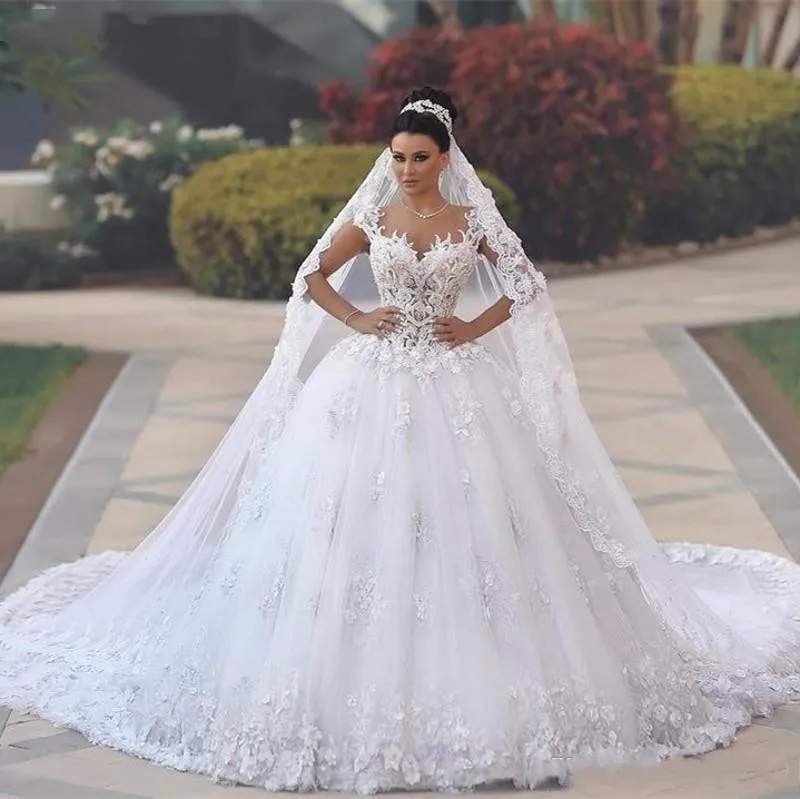 Robe de bal de luxe arabe, tenue de mariée en Tulle bouffant avec des Appliques en dentelle et des manches à dos ouvert, nouvelle collection