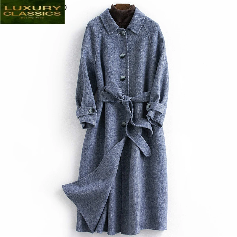 

Jackets Coats 100% Wool Women Autumn Winter Belt Woolen Coat Female Long Clothes Elegant Ladies Spring Overcoat LWL1321