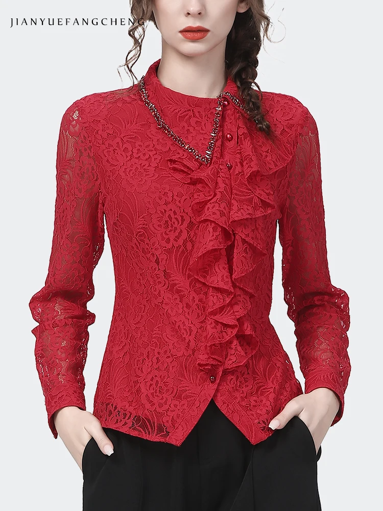 Luxury Beaded Pointed Collar Women Long Sleeve Lace Shirt Ruffle Hook Flower Hollow Fashion Bodycon Tops 2022 Spring Party Shirt