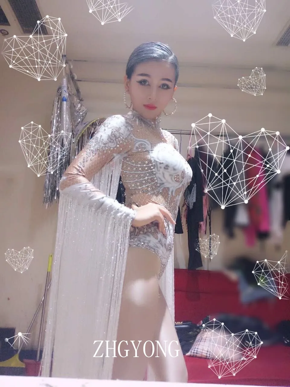 Body à franges blanches avec strass scintillants pour femmes, Costume de danse Sexy pour discothèque, DJ danseuse, chanteur, spectacle, vêtements de scène