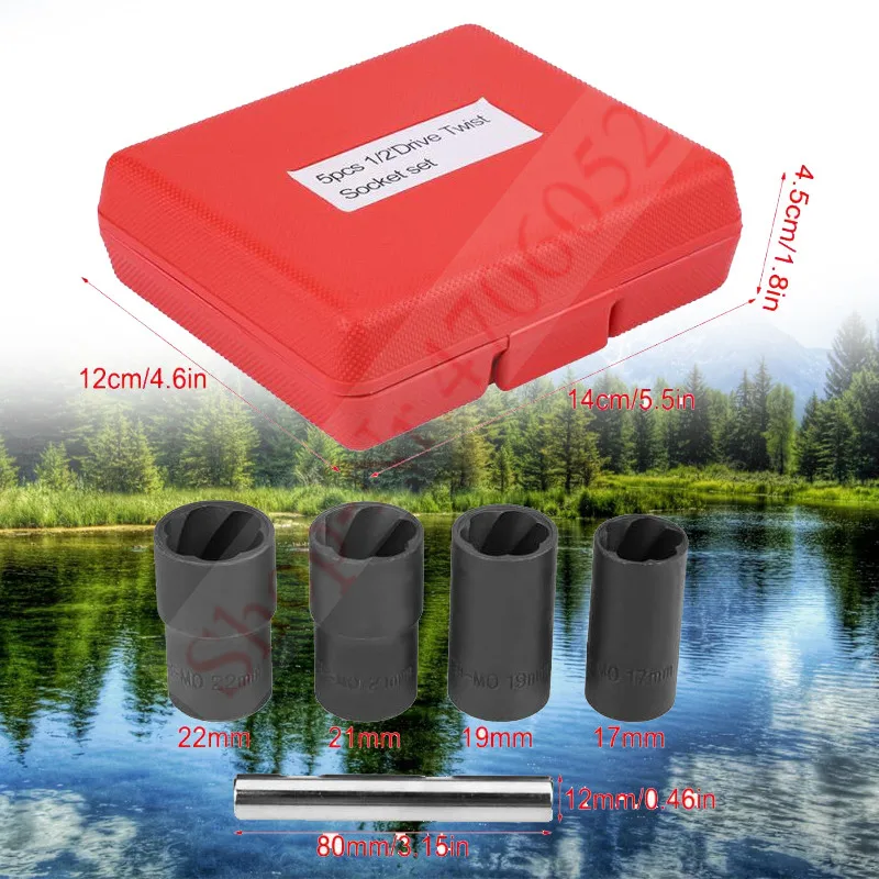 5Pcs Twist Socket Set Locking Wheel Nut Bolt Stud Extractor Removers 17mm 19mm 21mm 22mm Socket carbon steel