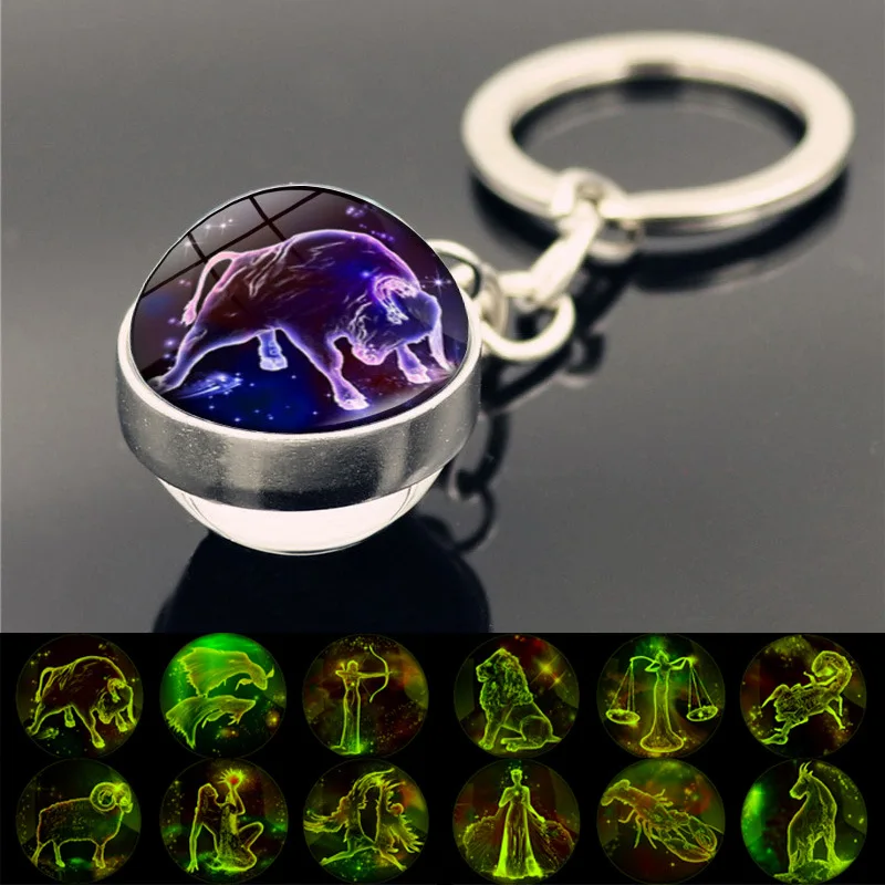 Zodiac Keychain Charm Constellation Time Gem Stone Glass Glowing Pendant Key Chains Purple Horoscope Keyring Birthday Gifts