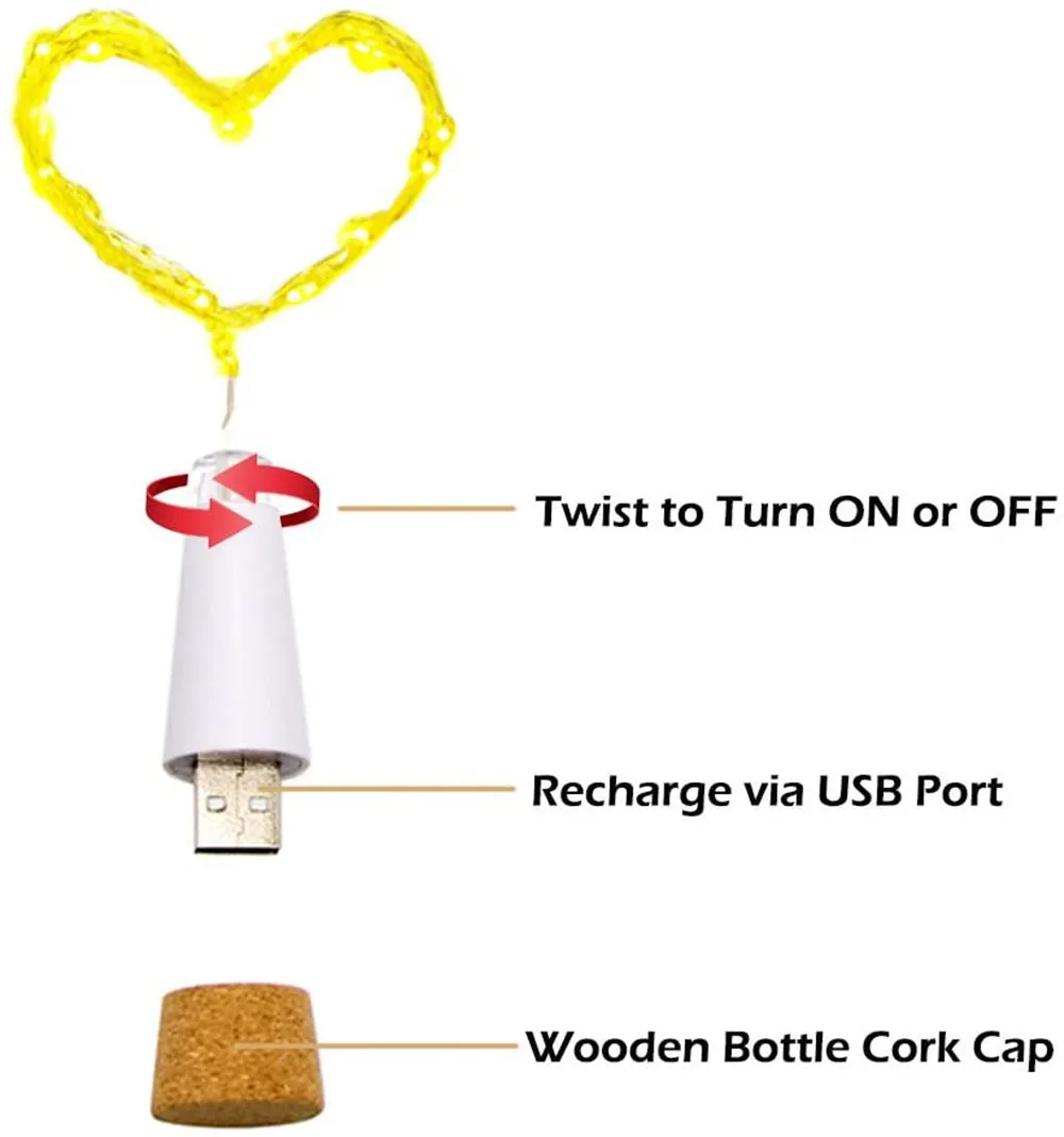 2M 20LEDs Wine Bottle Lights Cork USB Rechargeable Christmas Copper wire Garland Lights String for Wedding Halloween Party Decor