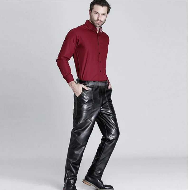 2023 Winter Men Leather Pants Fashion PU Leather Trousers Motorcycle Pants Plush Thickening Knee-pad Men's Leather Pants MY609