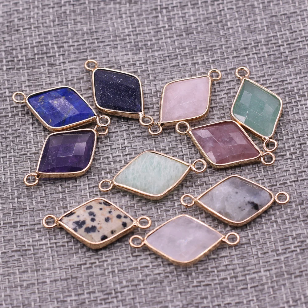 Natural Stone Rhombus Pendant Connector Charms Faceted Amethysts Quartz Pendants for Women Jewelry Making DIY Earrings Bracelet