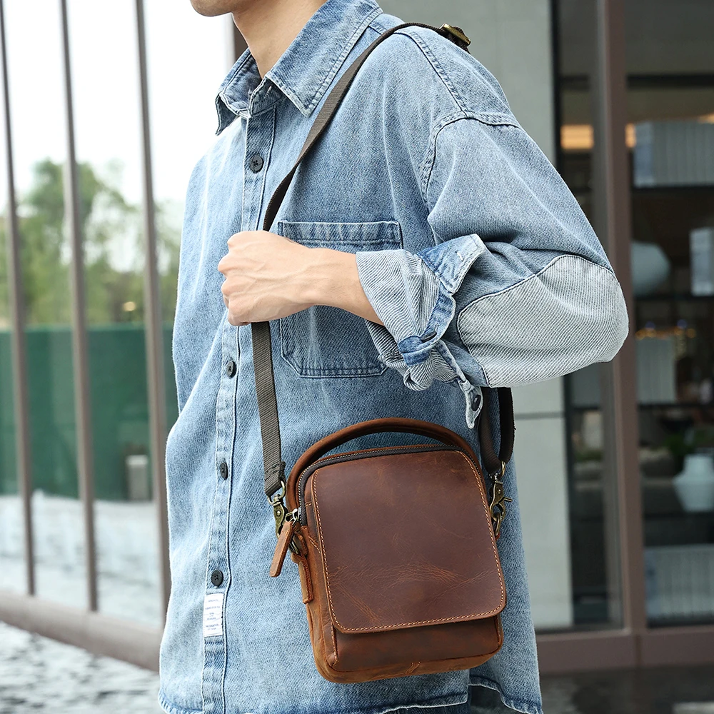 JOYIR Genuine Leather Men\'s Shoulder Bag Vintage Small Flap Business Travel Handbag Messenger Crossbody Bags for 7.9\