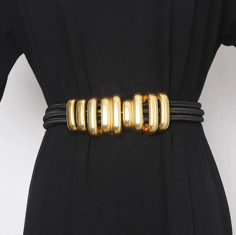 Women's runway fashion gold metal elastic Cummerbunds female Dress Corsets Waistband Belts decoration wide belt R2617