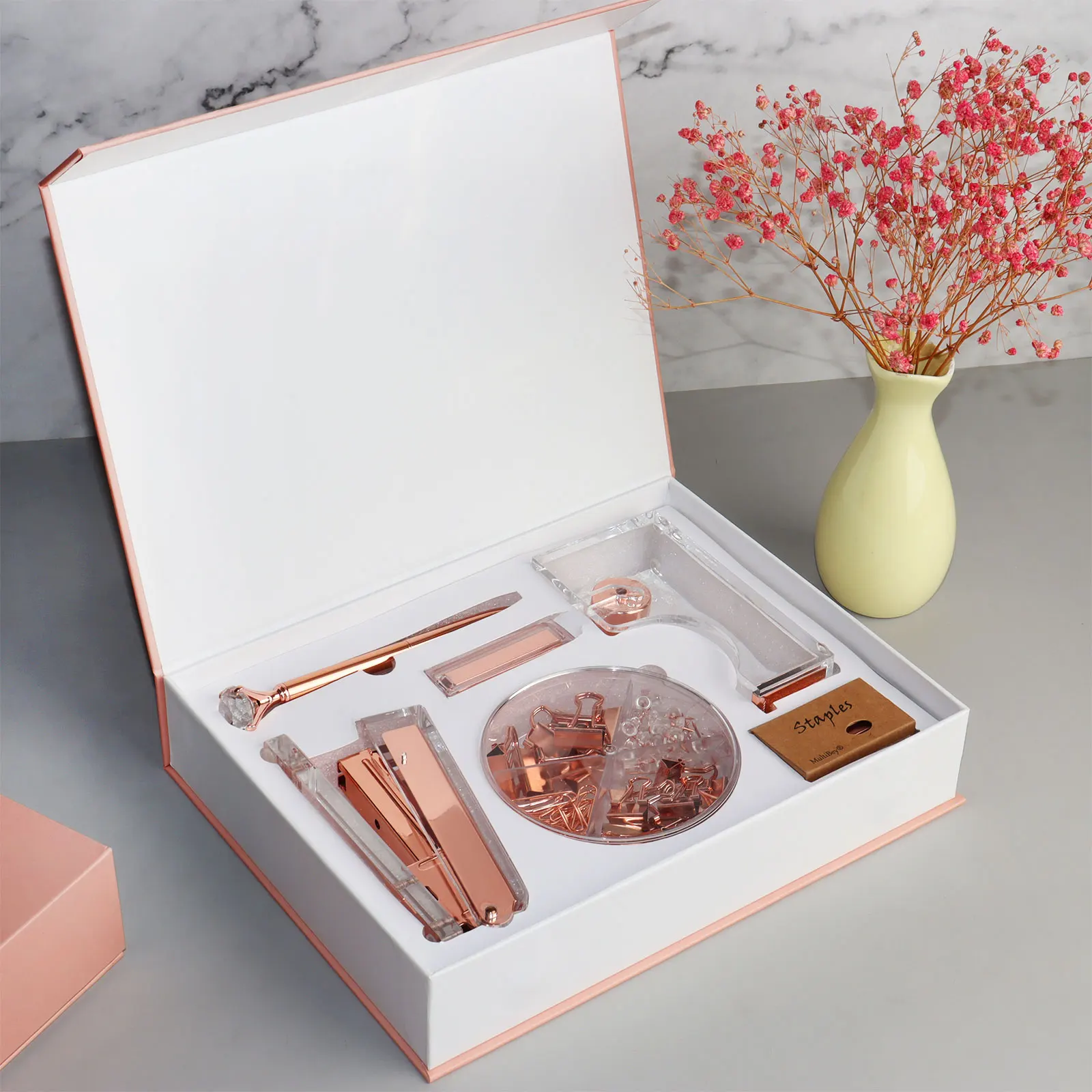 Desktop Office Supplies Set Rose Gold Acrylic Office Stationery Desk Organizer Accessories For Woman