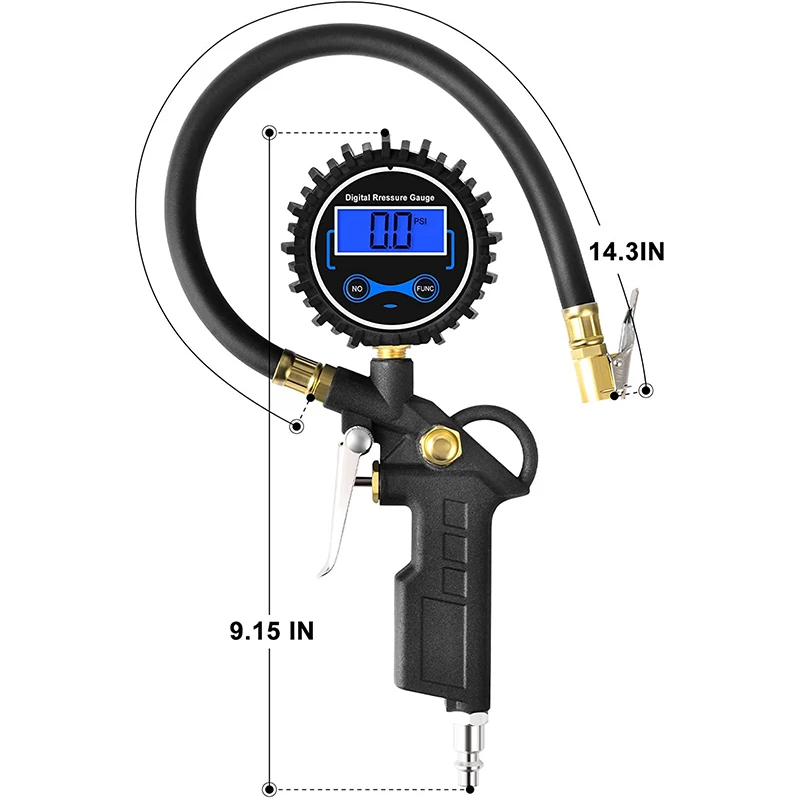 Medidor digital de pressão de pneus, medidor pesado com mangueira de borracha e tipo europeu, conector rápido para inflar pneus