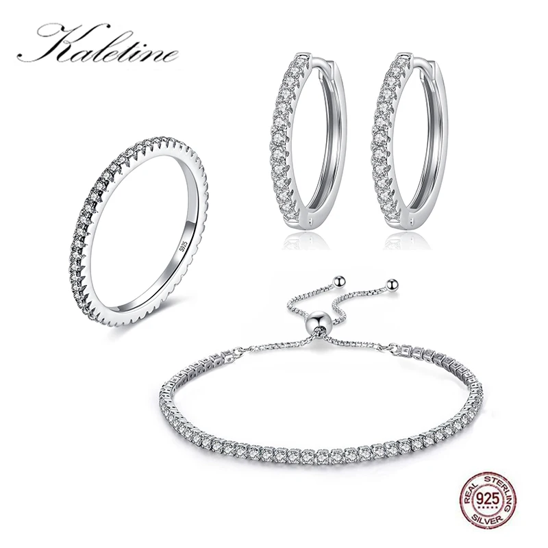 KALETINE 925 sterling silver  Nigerian wedding jewelry set Clear Zircon Luxury Rings Earrings Bracelets Gadgets for Women 2019