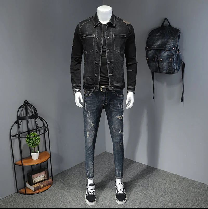 Veste en Denim à manches longues pour homme, mode noire décontractée, col rabattu brodé, simple boutonnage, Slim, rétro, printemps et automne