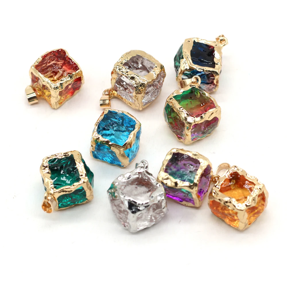 Fashion Rainbow Natural Stone Pendant Square Cube Rainbow Crystal Chakra Rock Pendants DIY for Earring Necklace Jewelry Making