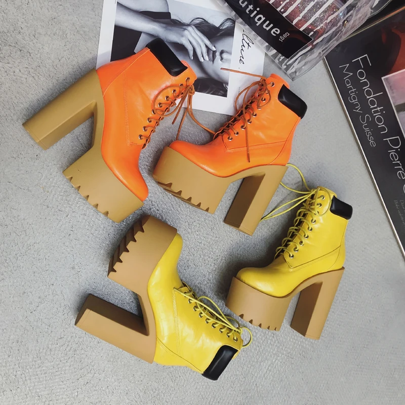 New Neon Yellow Ankle Boots For Woman Lace-up Platform Botas Mujer 2020 Pointed Toe High Heels Sexy Autumn Winter Boots Ladies