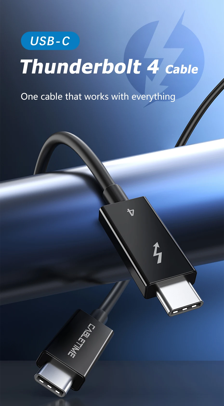 CABLETIME Thunderbolt 4 USB-C-Kabel Typ C 8K 60 Hz PD100W 40 Gbit/s kompatibles USB-4-Kabel für MacBook Dell Laptop Intel – Detail 2
