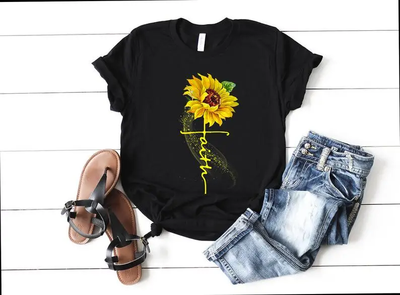 Sunflower Christian Faith File Instant Download T-shirt Design Faith Over Everything 100% cotton O Neck y2k Unisex Streetwear