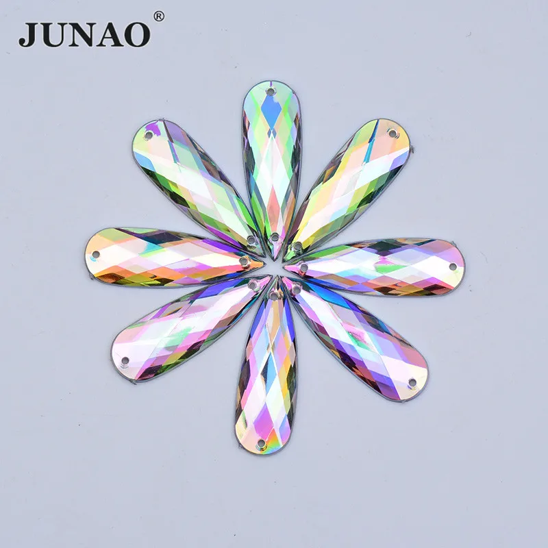 JUNAO 20pcs 10x30mm Sewing Drop Shape Crystal AB Rhinestones Flatback Acrylic Crystals Sew On Stones for Needlework Clothes