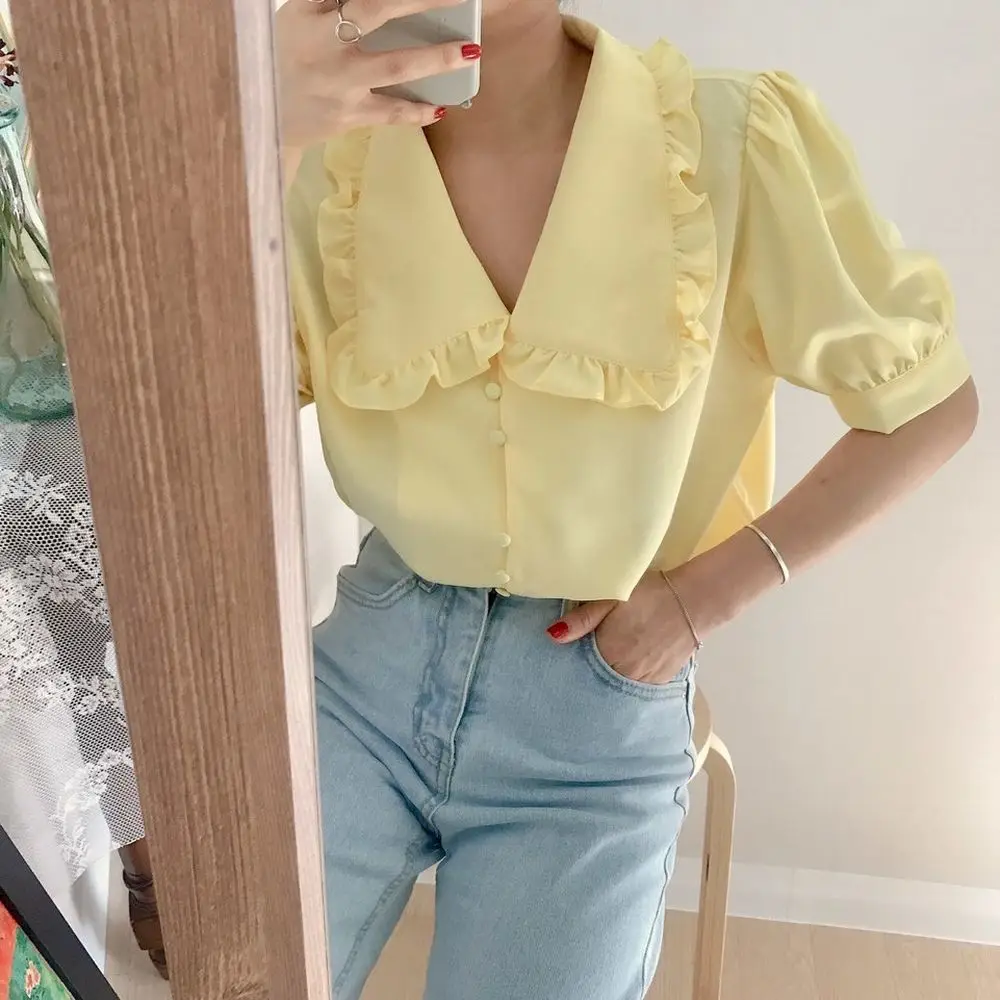 Korea Style Women Summer Yellow Sweet Chiffon Blouse Ruffle Peter Pan Collar Half Sleeve Shirt Casual Cardigan Top