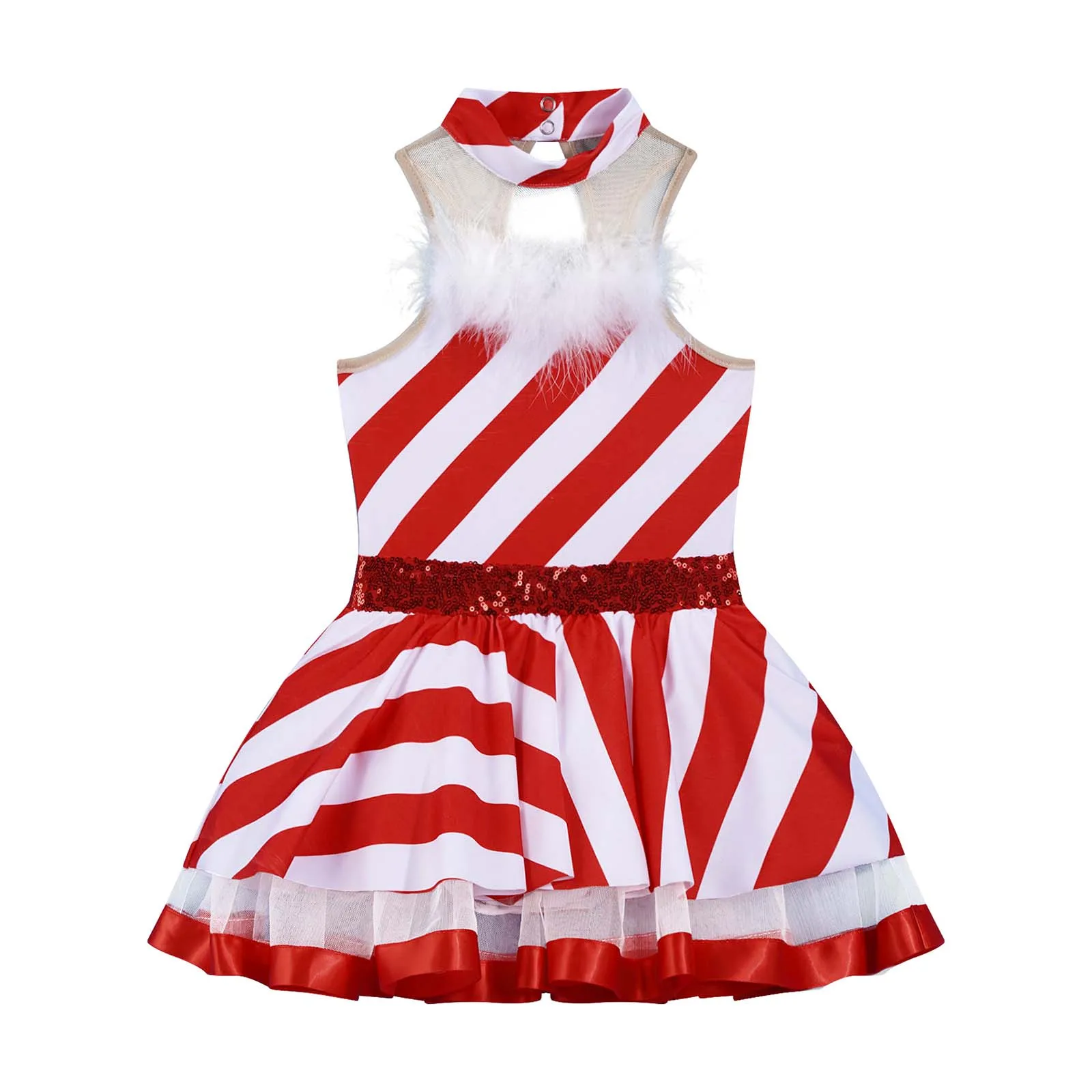 Kids Girls Christmas Costume Mrs Santa Elf Cosplay Candy Cane Mesh Patchwork Striped Tutu Leotard Dress Princess Dance Outfits