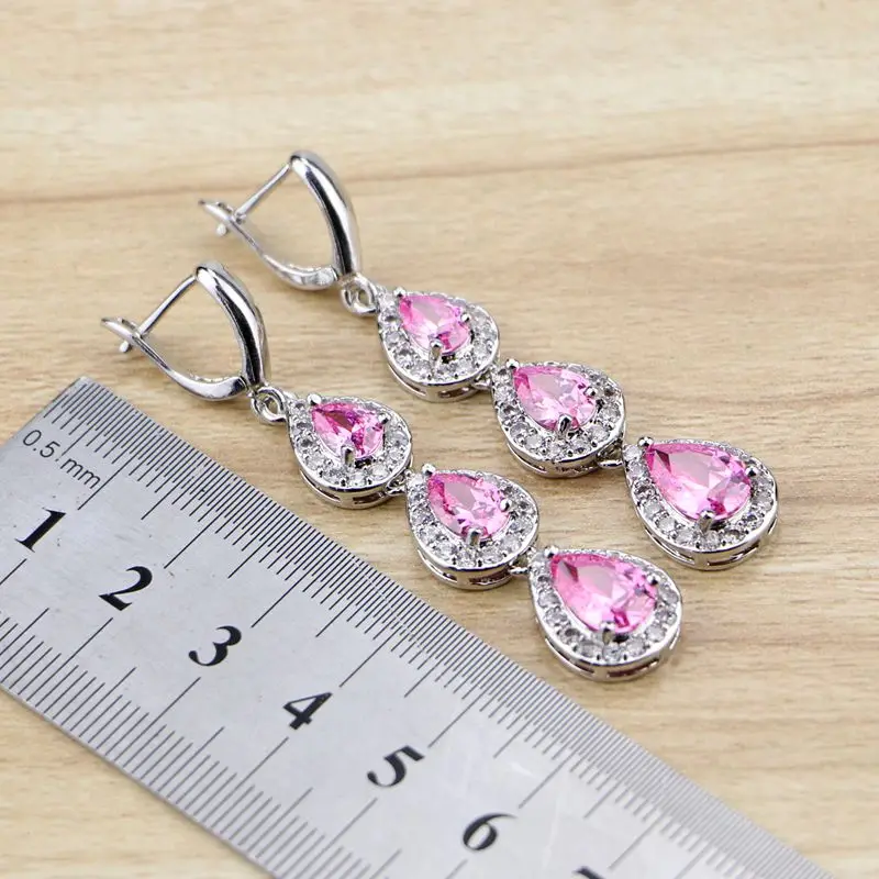 Water Drop Long Earrings Pink Cubic zirconia White CZ Beads 925 Silver Jewelry  Drop Dangle Earring For Women