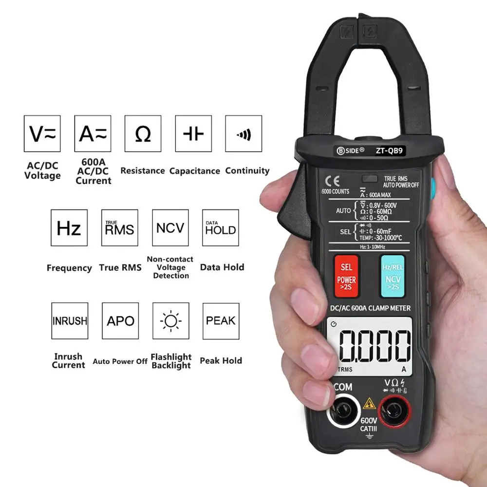 BSIDE 600A DC Clamp Meter True RMS Auto-Ranging 6000 Counts Meter Inrush Current Capacitance Temperature Live Check Voltage Test