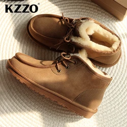 KZZO Australian Sheepskin Leather Classic Ankle Snow Boots For Men Shearling Lined Winter Warm Non-slip Lace-up Shoes Flat Black