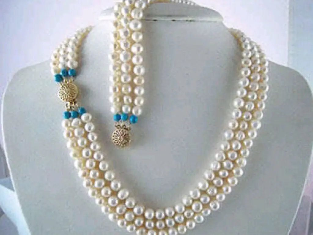 

7-8MM 3 row WHITE FW PEARL NECKLACE + BRACELET JEWELRY SET