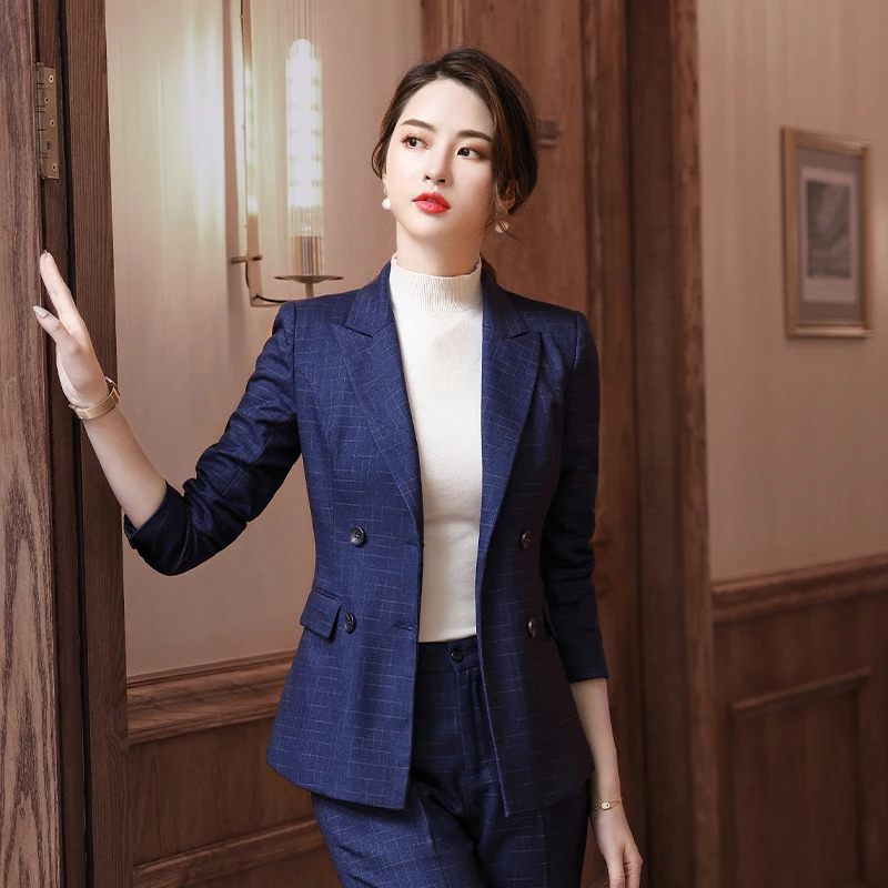 High Quality Fabric Elegant Plaid Ladies Office Formal Business Suits Pantsuits Women Work Wear Blazers OL Styles Trousers Set