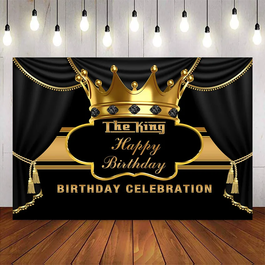 Prince happy birthday Backdrop Gold Crown Black curtrain background for photo studio boy birthday party decoration supplies