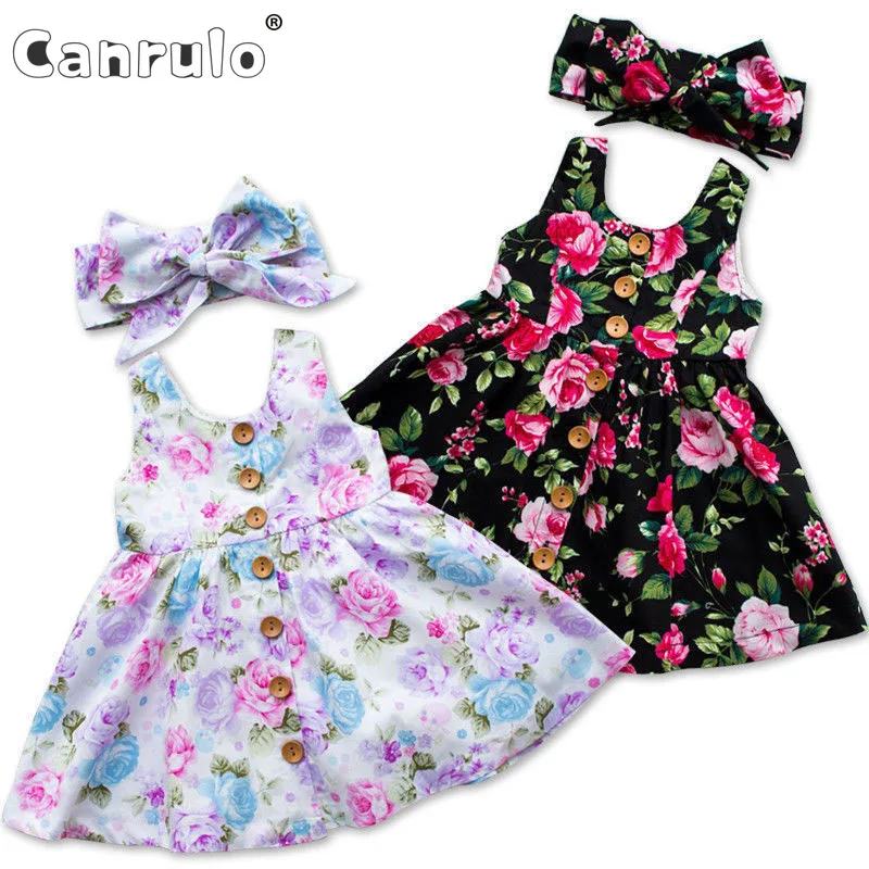 Cute Printed Floral Newborn Baby Girl Dress Summer Sleeveless Casual Party Dresses Sundress With Headband Outfits