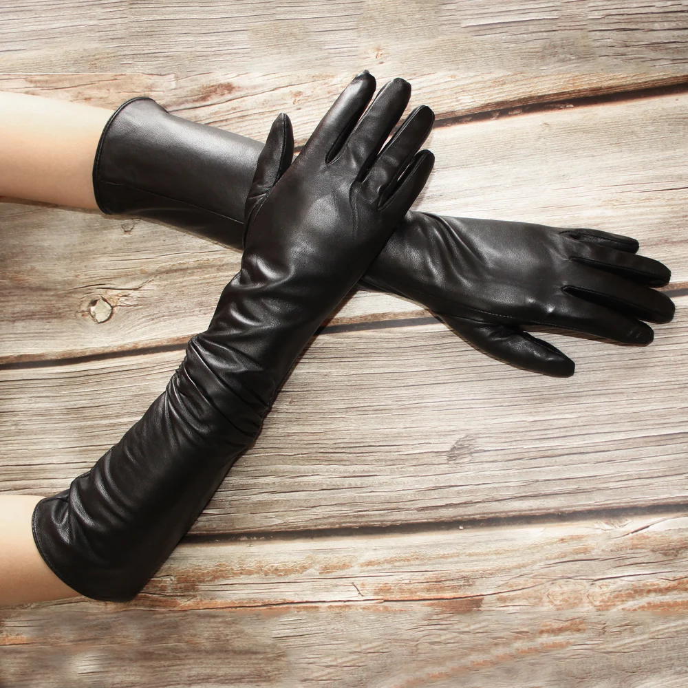 Gants longs en peau de mouton pour femmes, doublure droite et fine en rayonne, moufles en velours noir pour printemps et automne