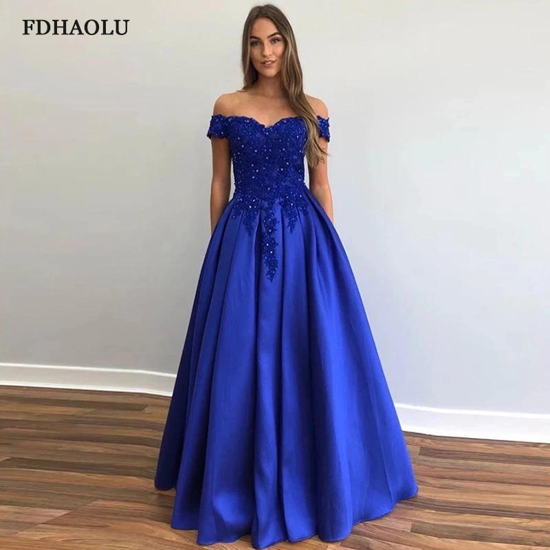 FDHAOLU FU114 Off The Shoulder Royal Blue Prom Dress A-line Appliques Beaded Draped Skirt Vestido De Fiesta Evening Dress Satin
