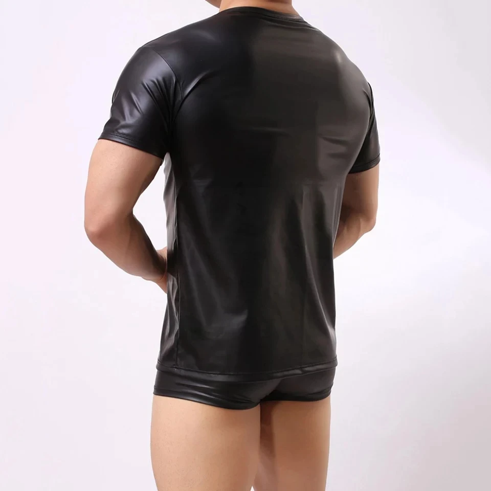 Sexy macio PU couro manga curta dos homens tops, colete erótico shaping bainha, látex metálico masculino casual t-shirts, couro envernizado t-shirts