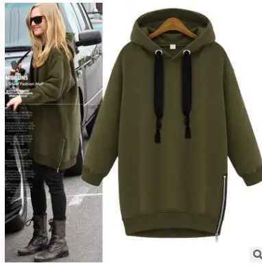 

Xl -5xl Autumn Winter Fashion Loose Solid Color Medium -Long Hood Pullover Plus Velvet Thickening Sweatshirt