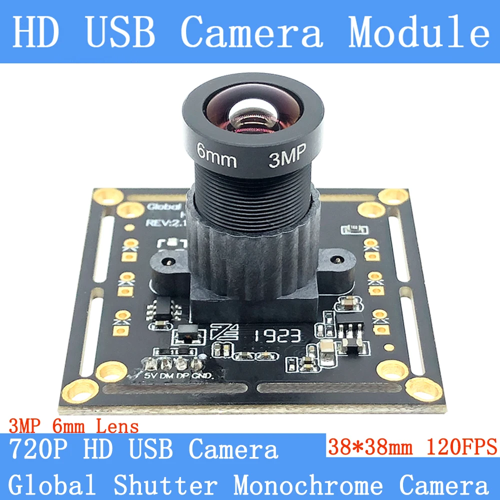 

MJPEG 120FPS USB Camera Module Monochrome Global Shutter High Speed OTG UVC Linux 720P Mini CCTV Surveillance Webcam 3MP 6mm