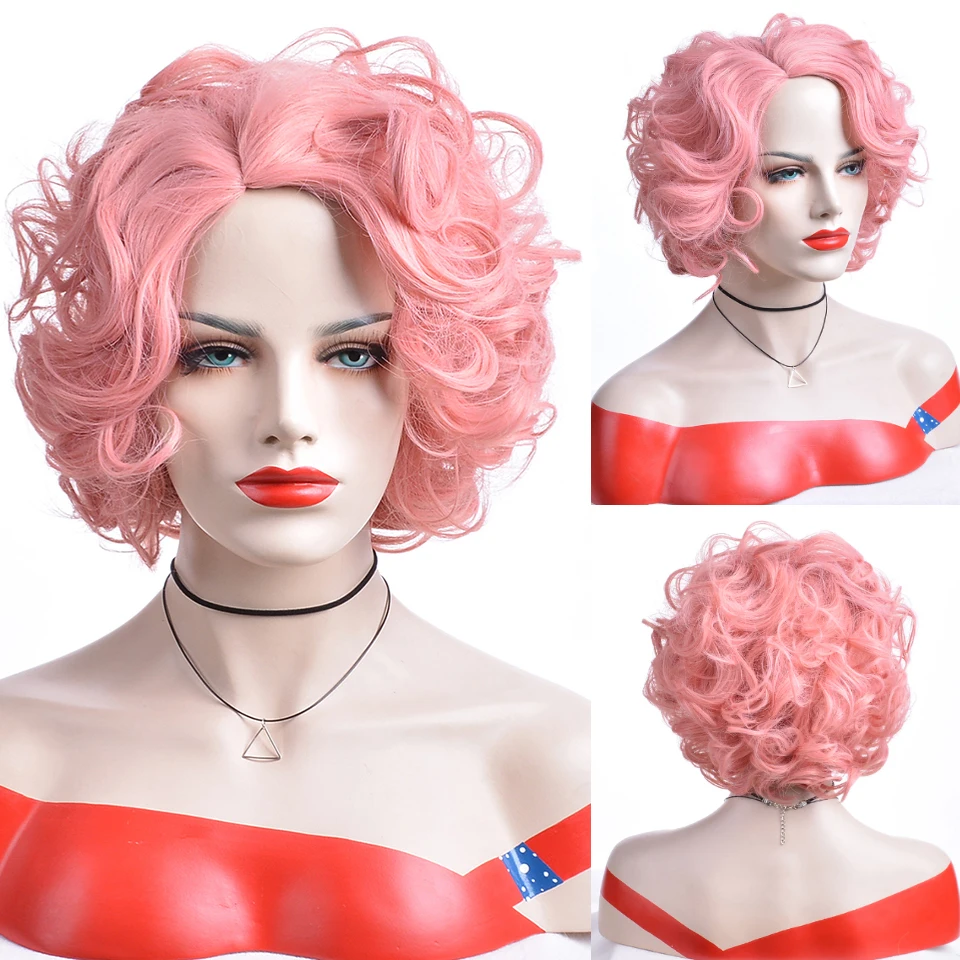 MSIWIGS Wavy Short White Blonde Wigs American African Synthetic Afro Pink Brown Black Fake Hair for Women Free Cap