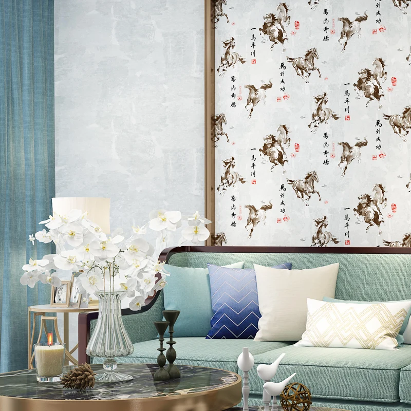 Prancing Style Chinese Horse Wallpaper Mural Non Woven Wall Paper Horse For Living Room Solid Color Matching Wallpapers Walls