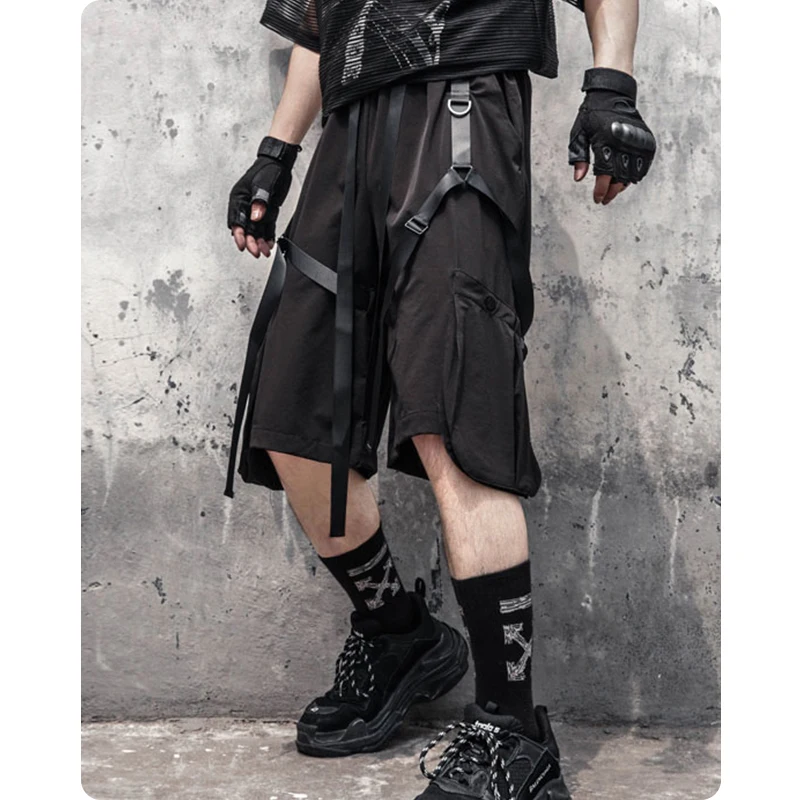 

Hip-hop large pockets function ribbon paratroopers pants street five minutes of pants pure color shorts