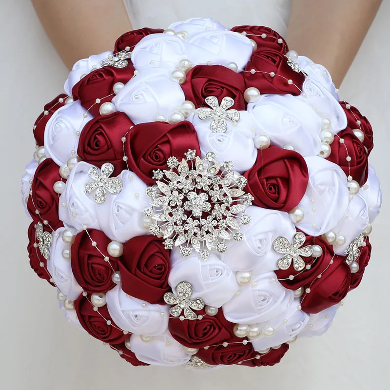 Handmade Ribbon Wedding Rose Flowers Rhinestone Bridal Bouquets Pearl Bridal Holding Bouquet Fleur Artificielle Mariage W224D