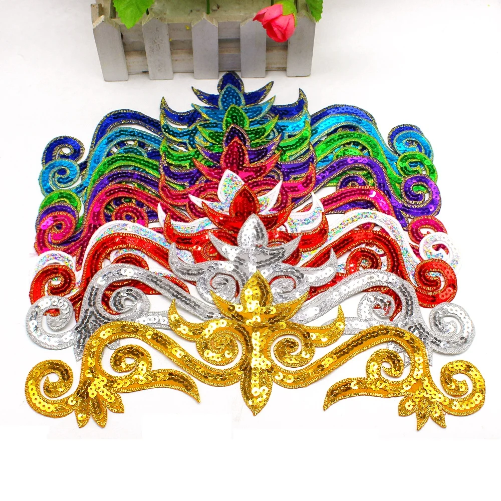 1 Piece Sequined Flower Appliques Iron On Gold Embroidery Patches Cosplay Trims Hair Accessory 30*10cm