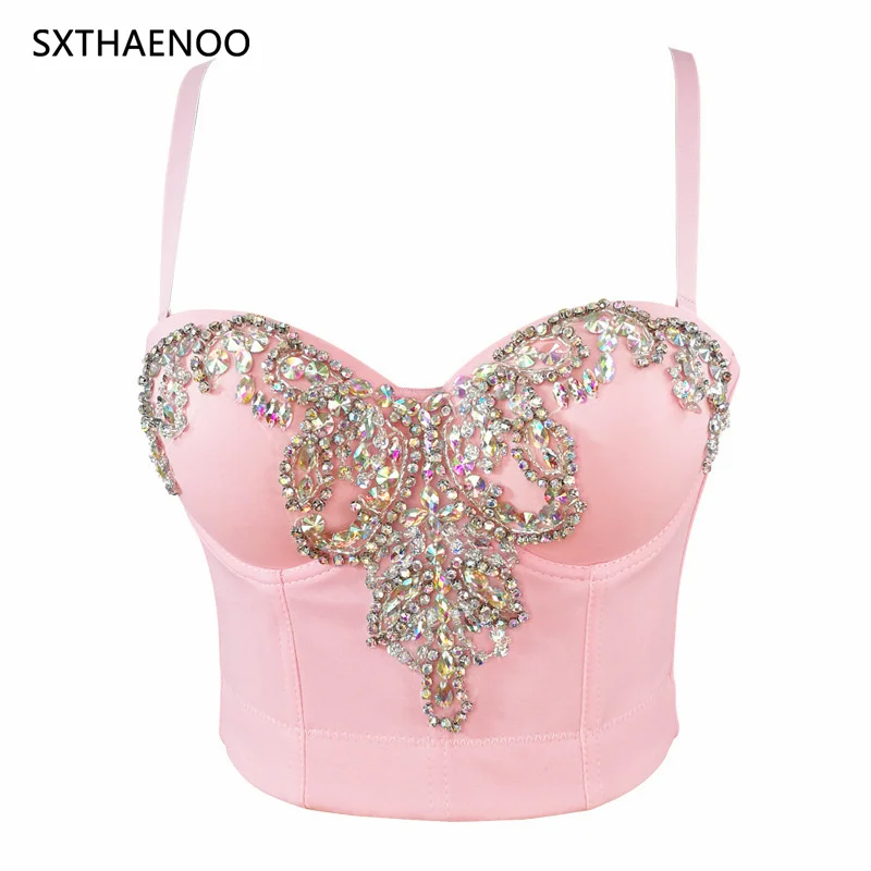 Women New Fashion Clothes Sexy Sleeveless Rhinestone Bustier Push Up Night Club Bralette Bra Cropped Top Vest Corset