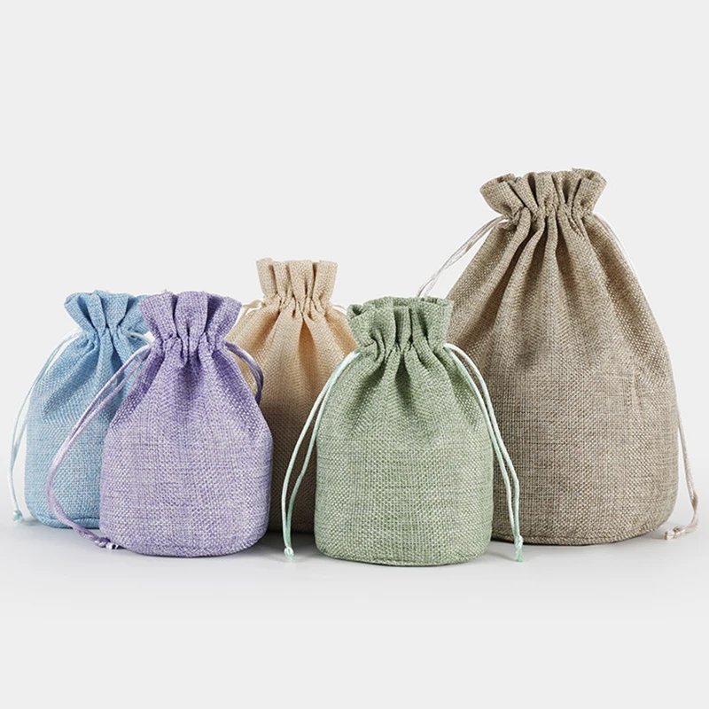 New Multiple size Round bottom Natural Resuable Jute Linen Drawstring bags Pouch Packaging Gift Bag Jewelry Christmas Bag