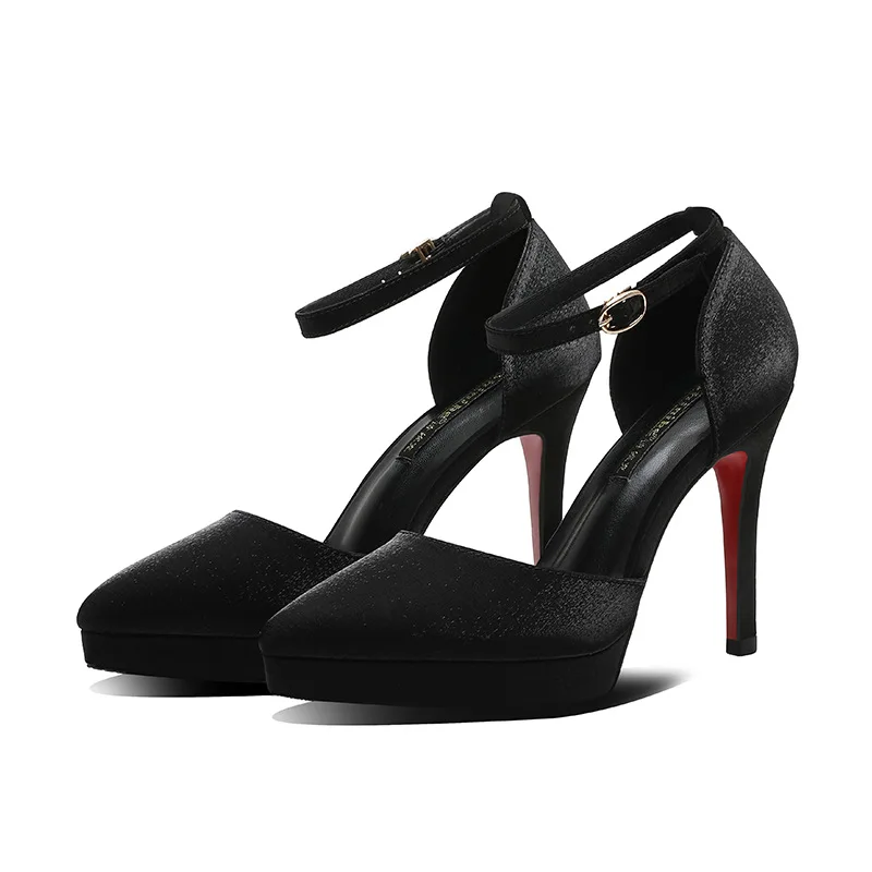 Sexy Platform 10cm High Heels Thin Heels Pointed Toe Women Single Shoes Word Buckle Pumps Mid Hollow Solid Silk Work Shoe 2026