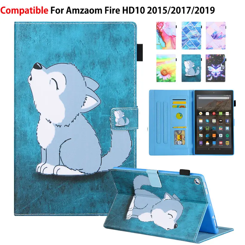 Fashion Wolf Case For Kindle Fire HD 10 2019 Smart Cover Funda For Fire HD10 2017 2015 9th 7th 5th Auto Sleep Shell Capa Coque