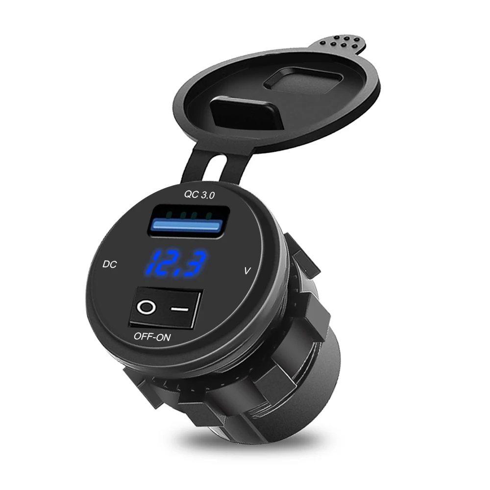 KEBIDU Quick Charge 3.0 USB Car Charger Socket Digital Display Voltmeter Charger Socket with ON-OFF Switch for Motorcycle