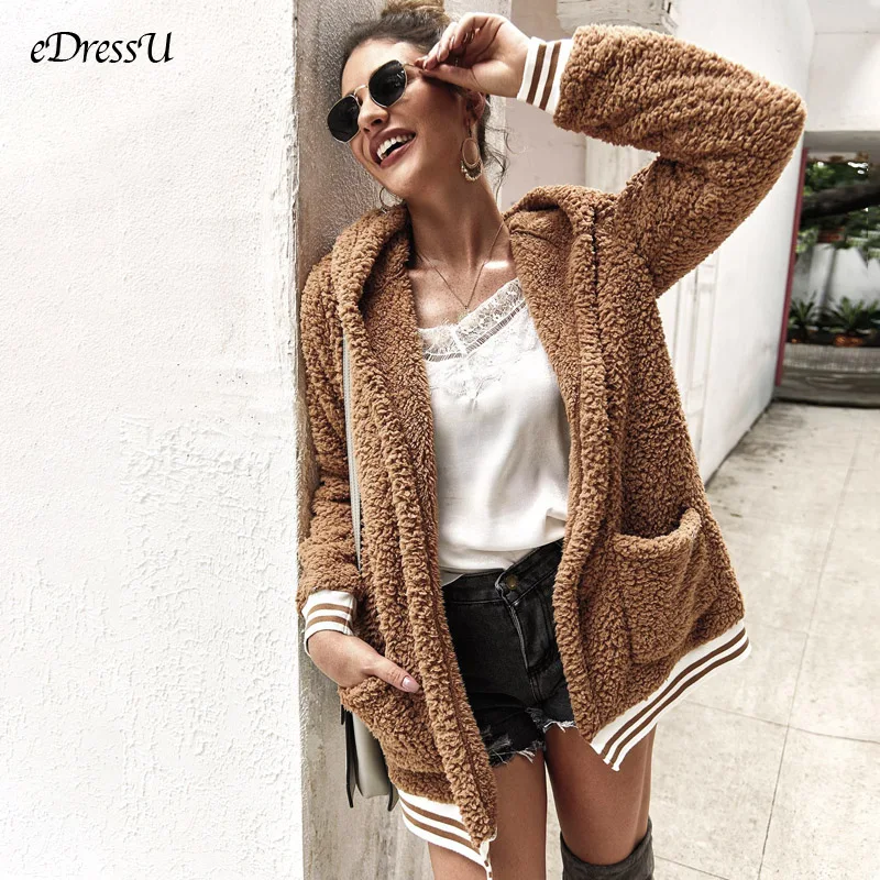 8 Colors Women Jacket Flocking Hooded Jacket Autumn Winter Jacket Long Casual Outwear Teddy Coat Pink Green Brown Coat DY-197010